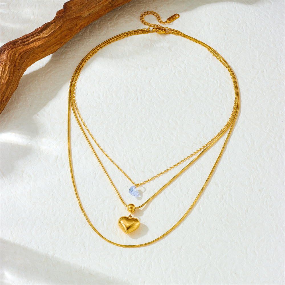 Cross-border fashion minimalist layered chain stainless steel heart pendant gold-plated women's snake bone necklace