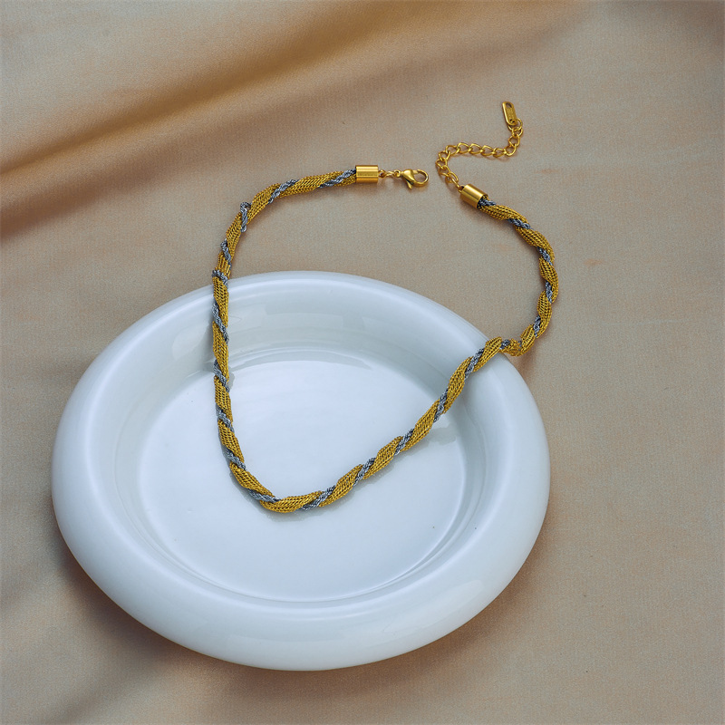 European and American cross-border minimalist niche color-blocked mesh braided chain titanium steel heavy-duty punk hip-hop metal clavicle necklace