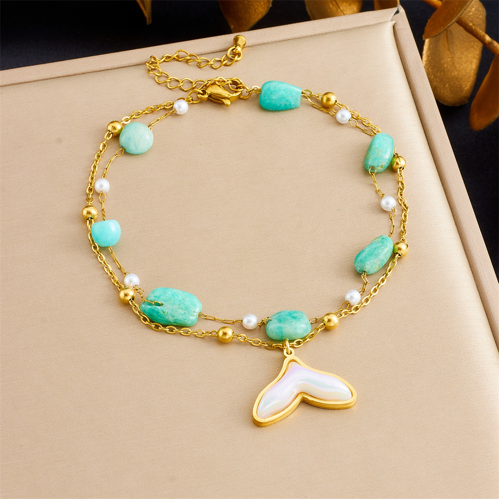 Cross-border fashion ocean style purple pebble beaded chain, double-layer stainless steel starfish dolphin fish tail anklet