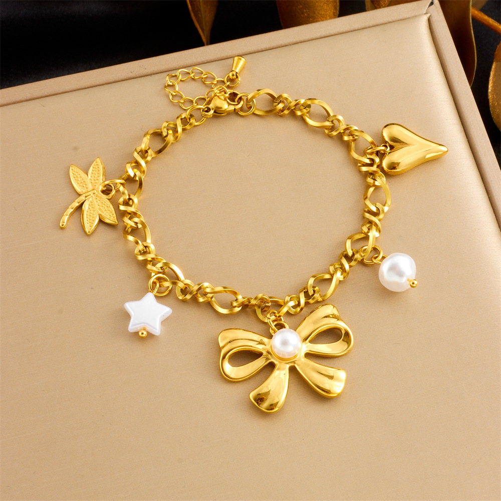 New cross-border fashion light luxury gold-plated stainless steel bow pearl heart dragonfly five-pointed star pendant bracelet