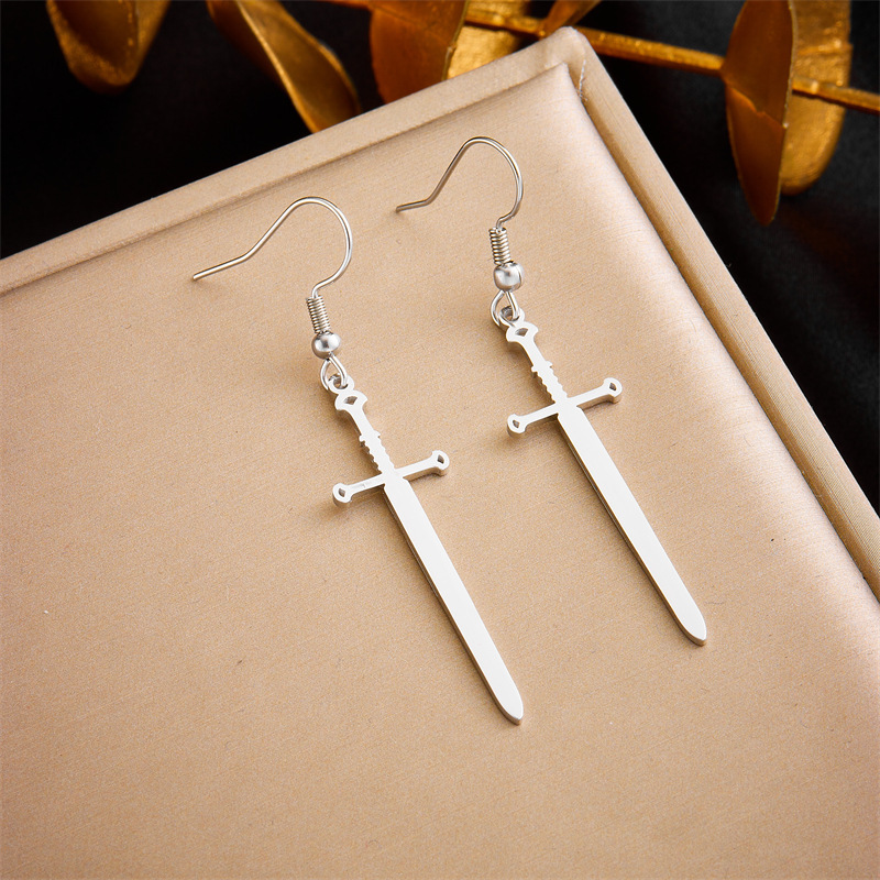 European and American cross-border fashion creative personalized gold-plated stainless steel cross sword pendant earrings