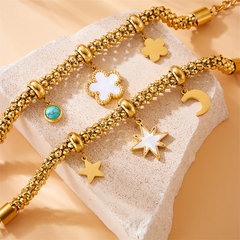 European and American style metal retro stainless steel gold-plated flower moon star turquoise accessories pendant chain bracelet