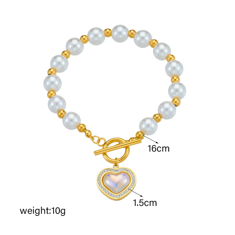European and American style retro pearl bracelet with diamond heart pendant and OT buckle, elegant women's bracelet