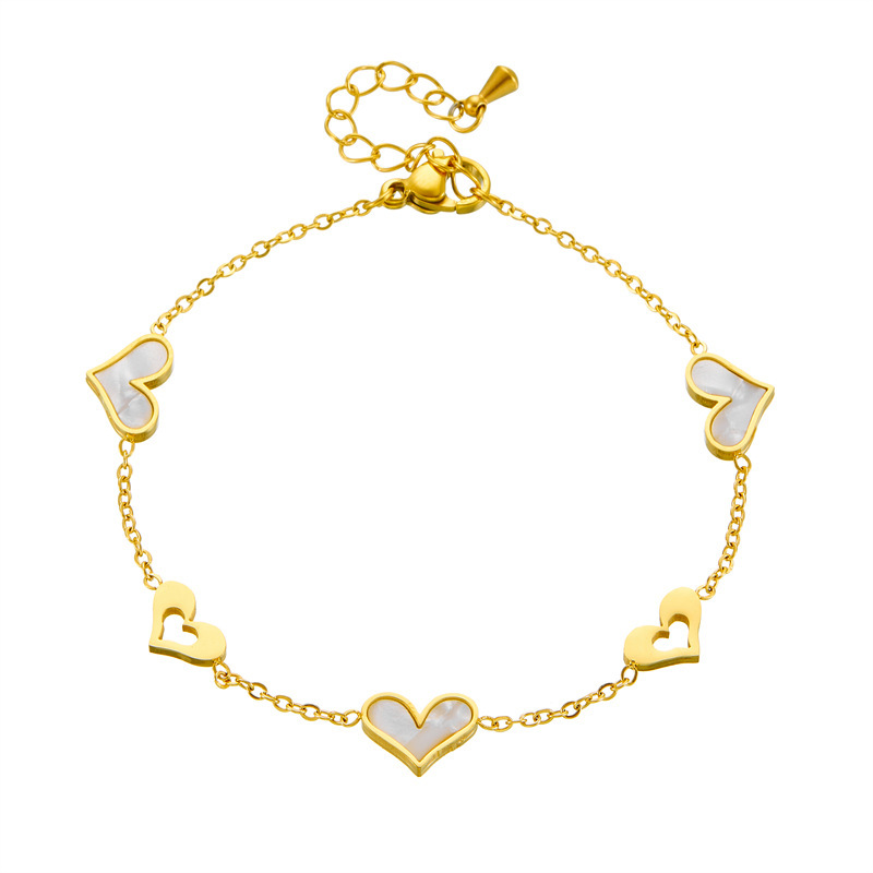 Korean style, simple and fashionable, elegant hollowed-out gold-plated seashell and heart accessory chain stainless steel bracelet