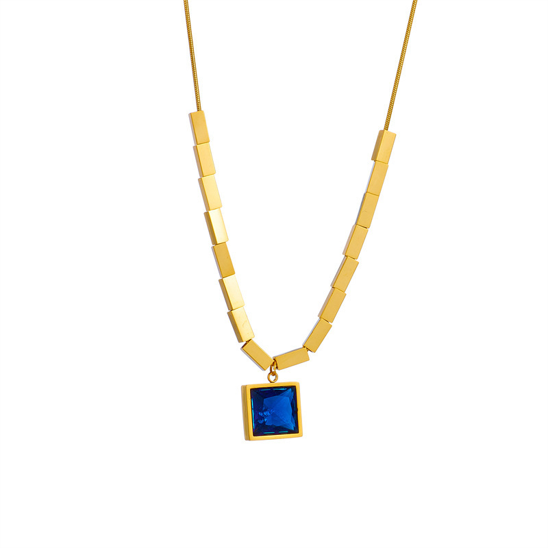 European and American cross-border fashion niche retro minimalist square blue diamond titanium steel metal jewelry necklace