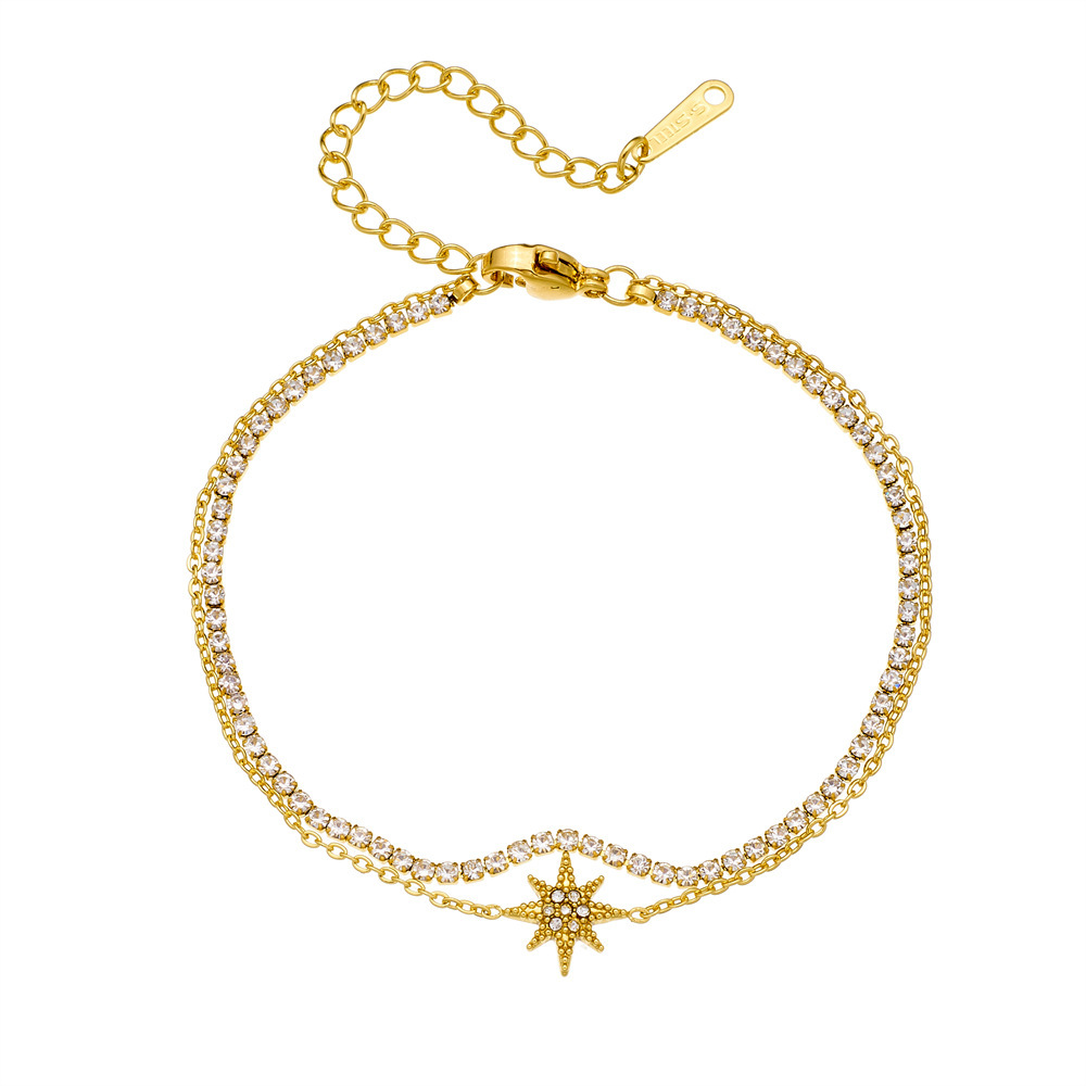 New cross-border minimalist and versatile diamond-encrusted eight-pointed star heart pendant, full diamond chain, stainless steel double-layer bracelet.