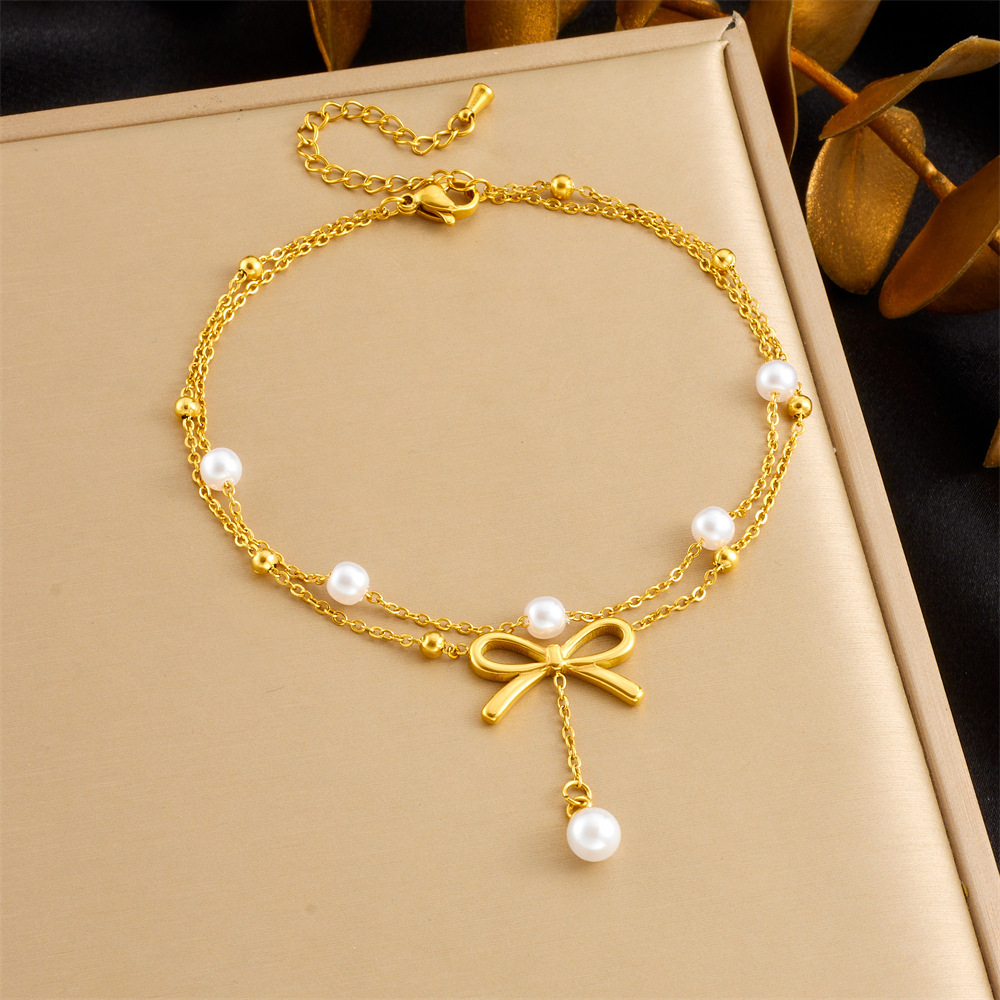 Fashionable new cross-border style stainless steel pearl shell bow cloud star moon tassel chain anklet