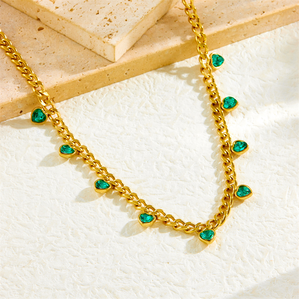 European and American cross-border trendy fashion gold-plated colorful heart-shaped rhinestone accessories stainless steel chain necklace for women