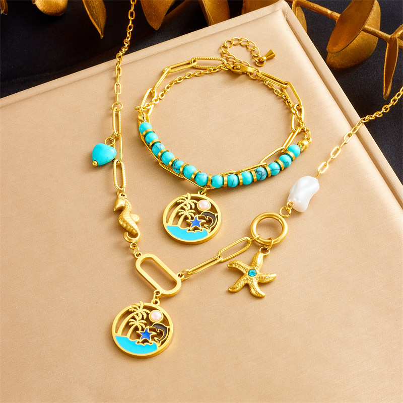 Fashionable cross-border turquoise beaded double-layer chain stainless steel marine life pendant accessories necklace bracelet