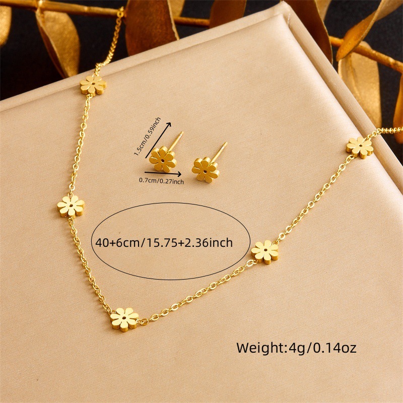 European and American cross-border fashion versatile high-end glossy gold-plated stainless steel daisy flower earrings, bracelets, and necklace set