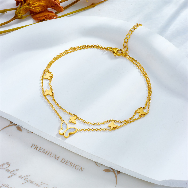 European and American style minimalist glossy butterfly pendant titanium steel multi-layer chain beach style trendy versatile anklet