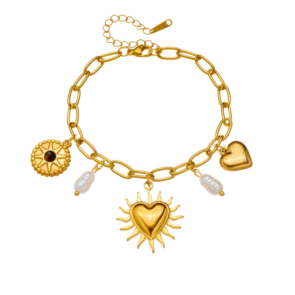 New cross-border style gold-plated retro high-end pearl heart sunflower pendant chain stainless steel jewelry bracelet