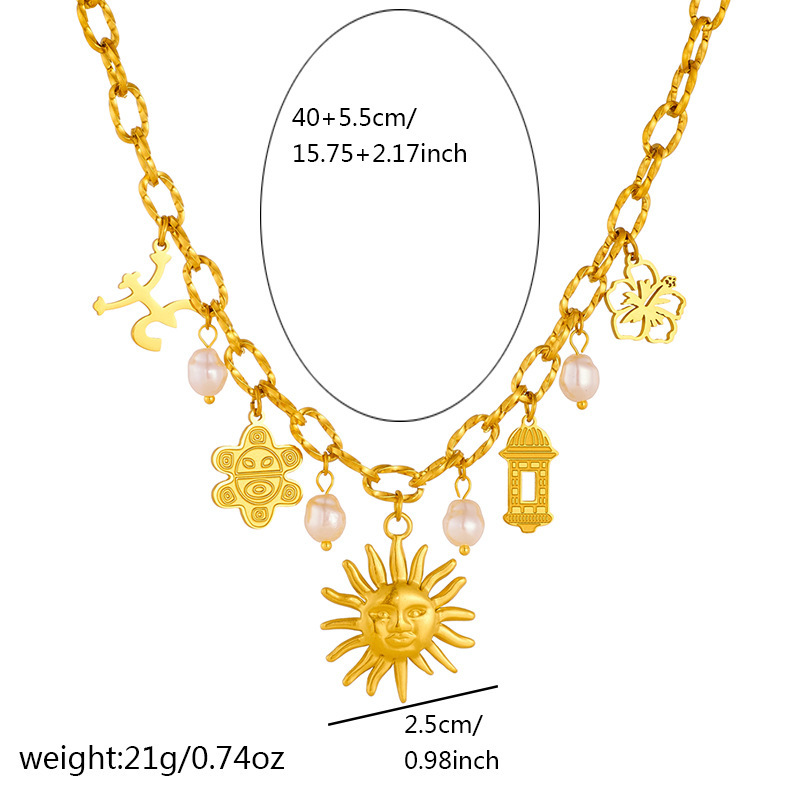 European and American style stainless steel necklace with sunflower design, ancient architecture pendant, gold-plated multi-element pearl clavicle chain