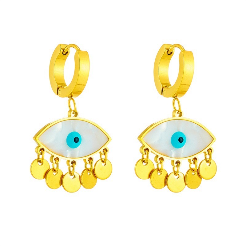 European and American cross-border personalized fashion creative niche oval blue eye earrings with round tassels titanium steel jewelry ear hoops