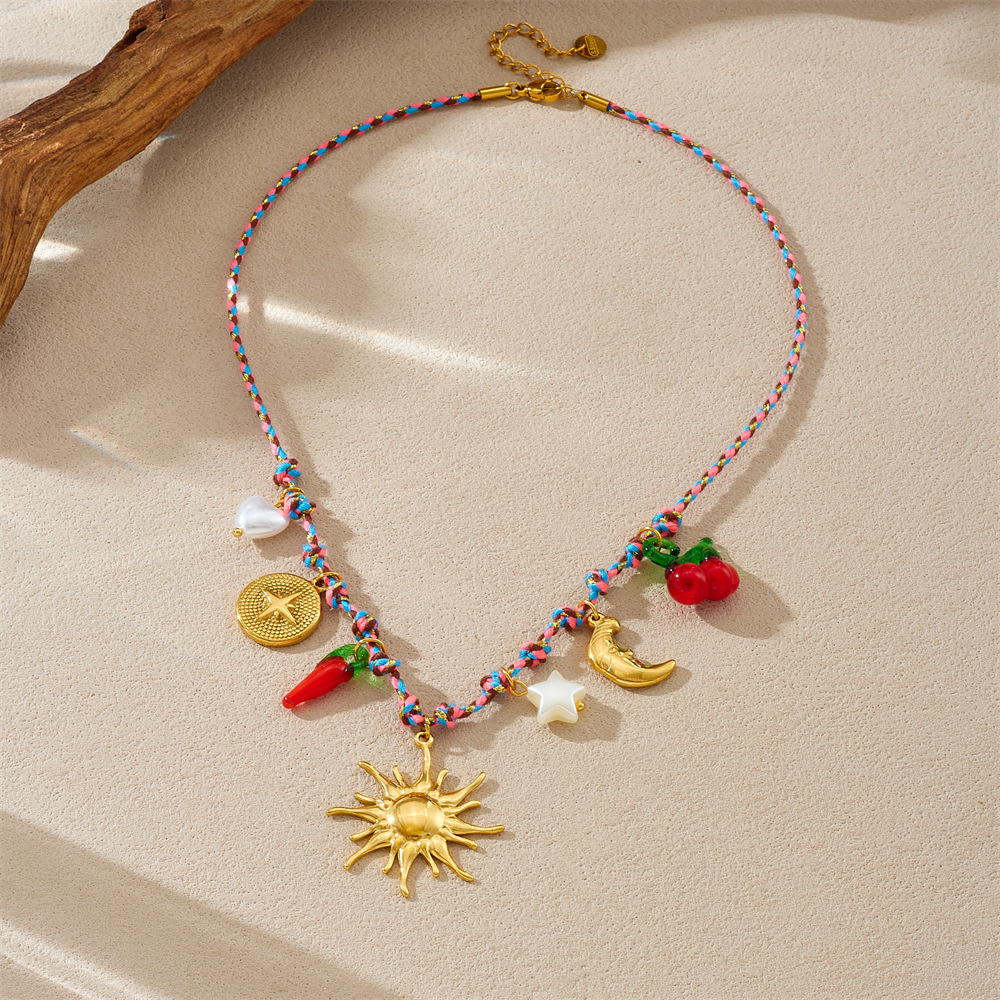 Cross-border fashion creative personalized multi-element gold-plated sun, moon, compass, star, chili pepper pendant woven necklace