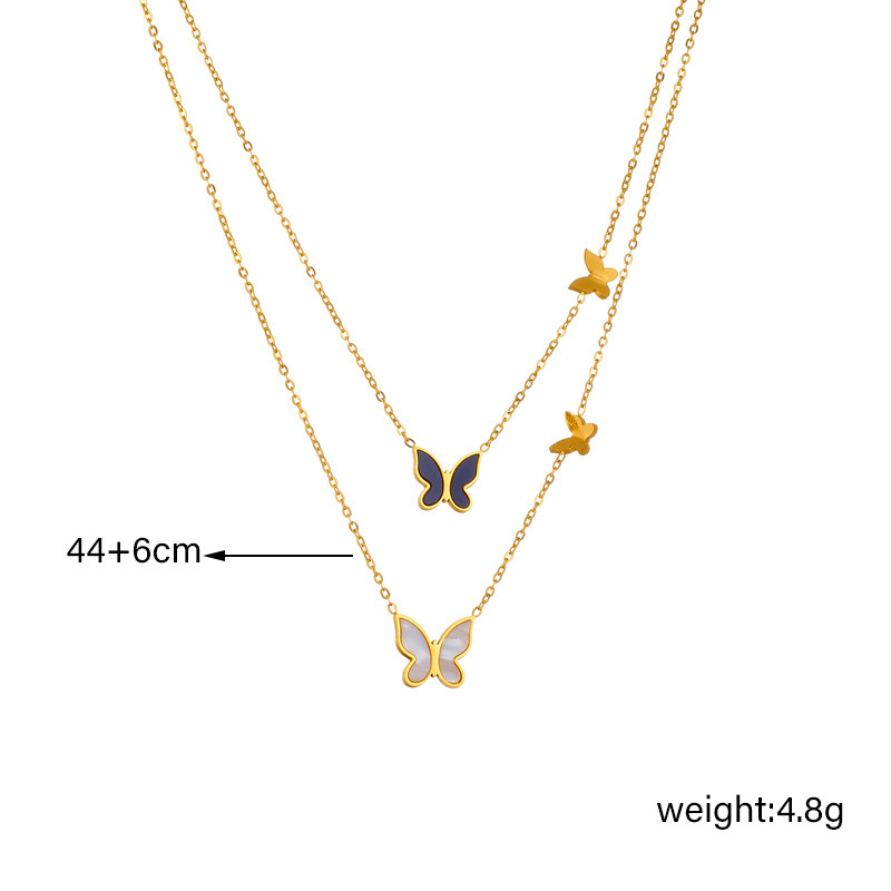 European and American style niche black and white glossy three-dimensional butterfly double chain stainless steel gold-plated jewelry necklace