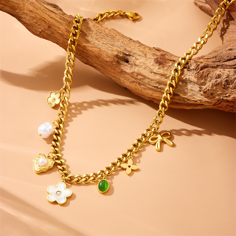 Vintage cross-border pearl white shell flower heart bow emerald oval pendant chain stainless steel necklace