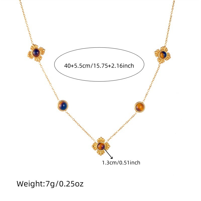 Cross-border fashion Maillard color gold-plated stainless steel tiger's eye flower accessory chain bracelet necklace set