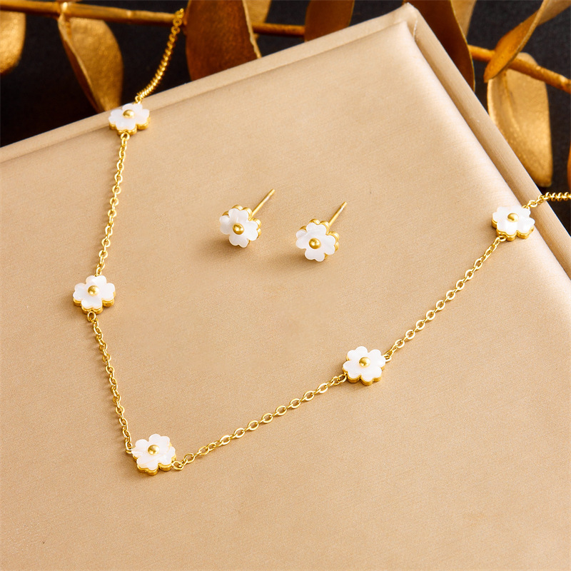 European and American style retro white shell flower accessories chain stainless steel bracelet earring necklace jewelry set