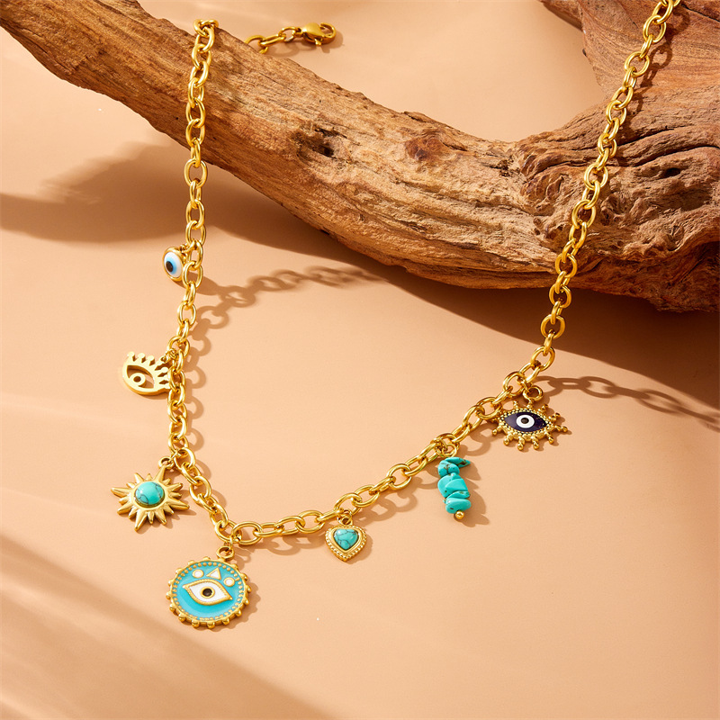 Fashionable retro cross-border new style blue turquoise heart sun star drop eye pendant chain stainless steel necklace