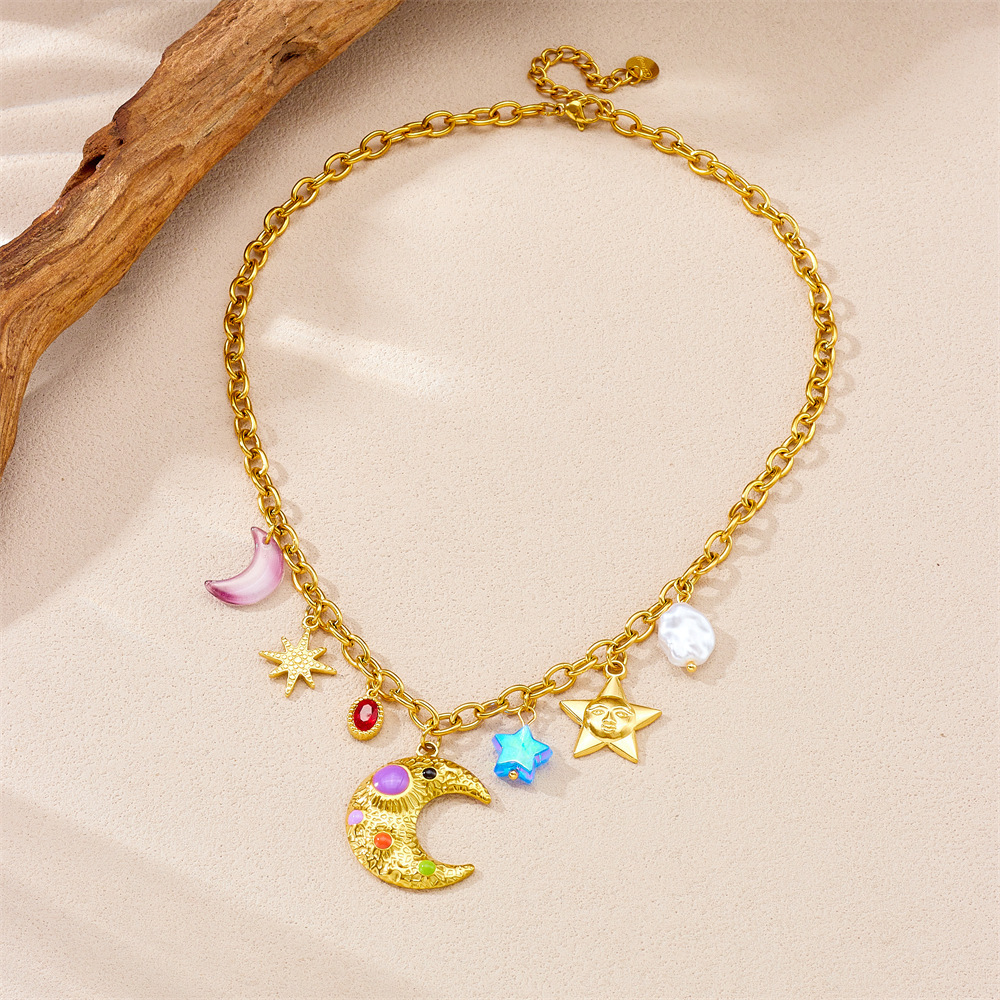 New cross-border fashion personalized colorful moon and star gold-plated accessories chain stainless steel multi-element pendant necklace