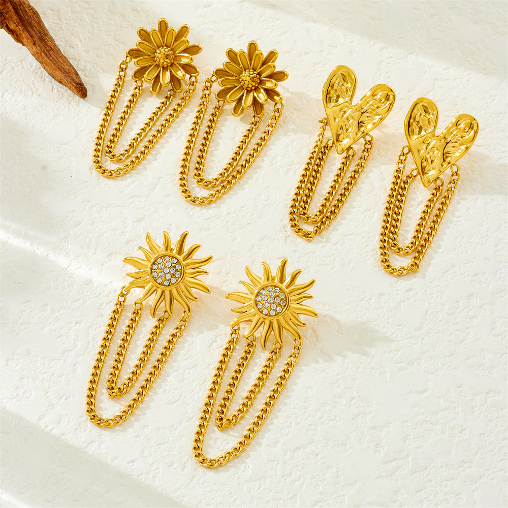 Cross-border fashion gold-plated diamond-encrusted sun heart flower bow tassel stainless steel light luxury high-end women's earrings