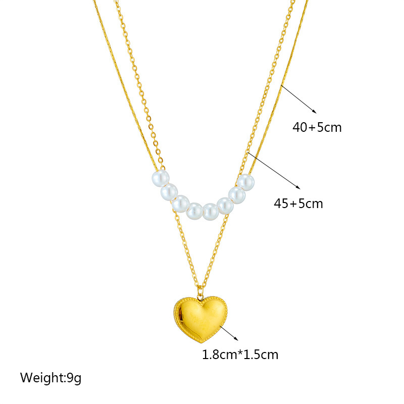 New European and American style light luxury double-layer pearl three-dimensional heart pendant necklace, elegant and simple clavicle chain