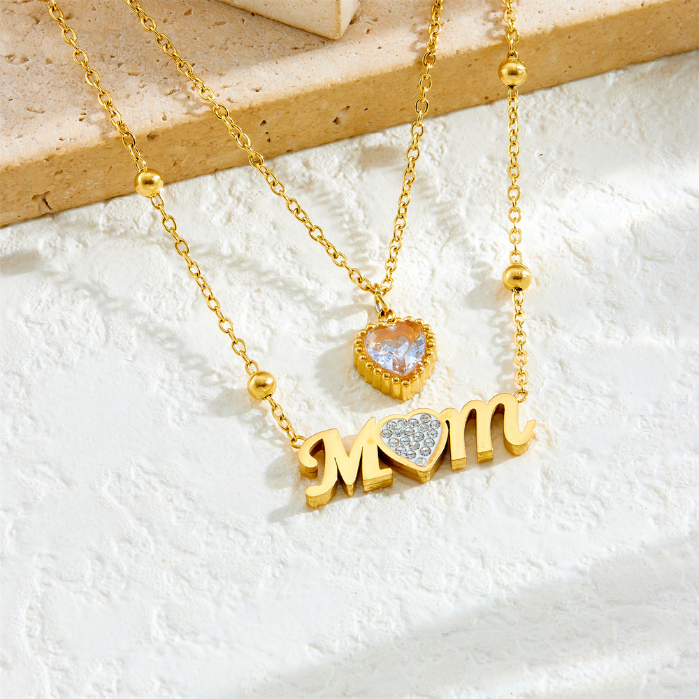 New cross-border fashion minimalist diamond-encrusted MOM heart-shaped accessory chain stainless steel clavicle necklace