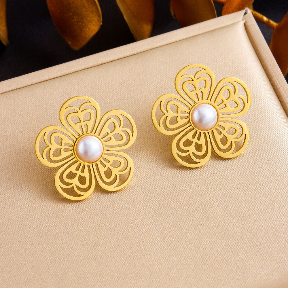 New Chinese Style Fashionable Pearl Hollowed-Out Flower Tassel Chain Stainless Steel Necklace and Earrings Jewelry Set