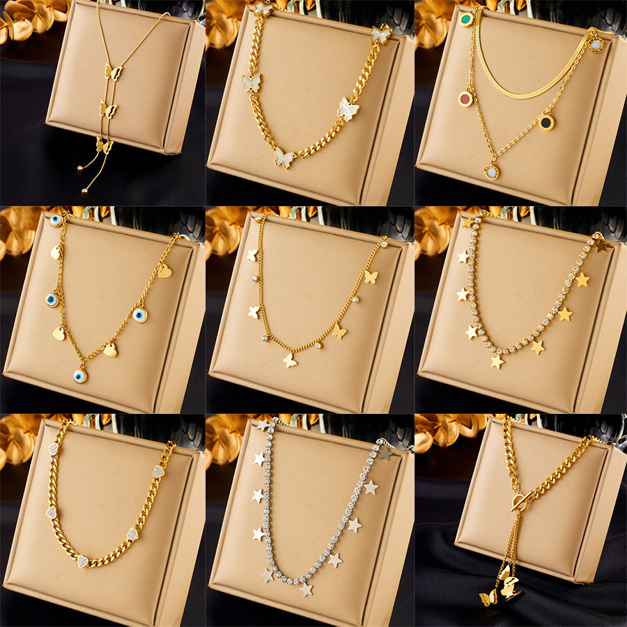 Trendy, niche new design, multi-layered butterfly and star pendant, eye-shaped diamond-encrusted chain titanium steel necklace