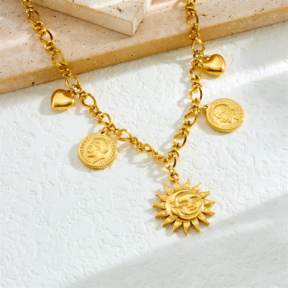 European and American cross-border personalized punk sun face round coin heart pendant chain stainless steel chunky necklace