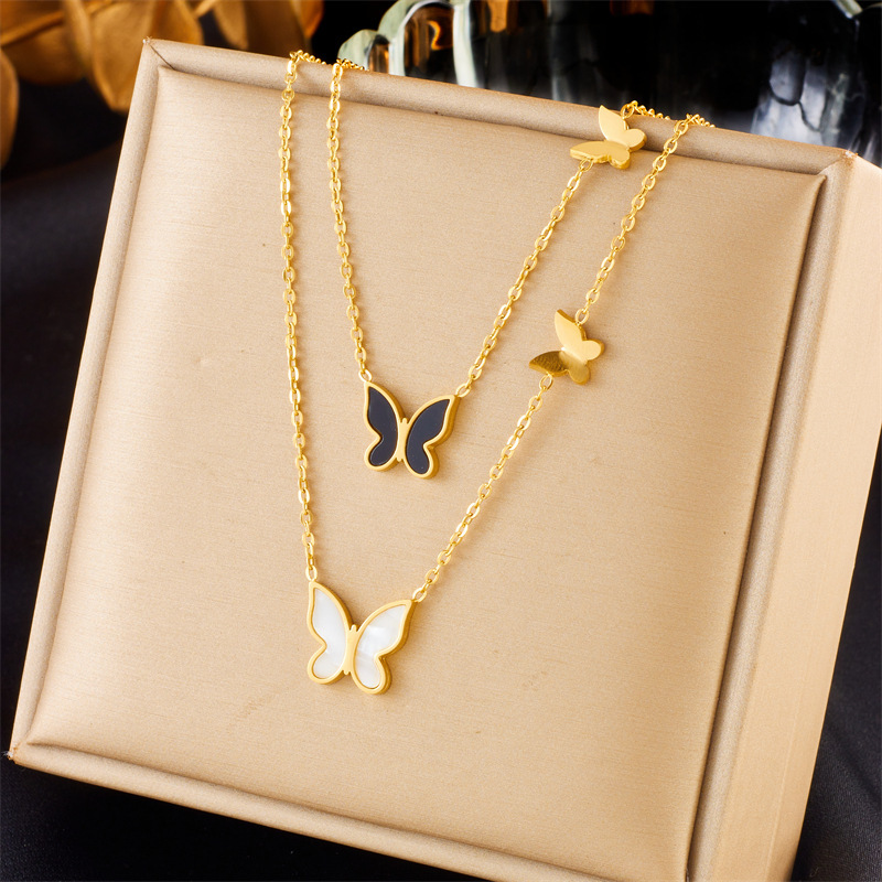 European and American style niche black and white glossy three-dimensional butterfly double chain stainless steel gold-plated jewelry necklace