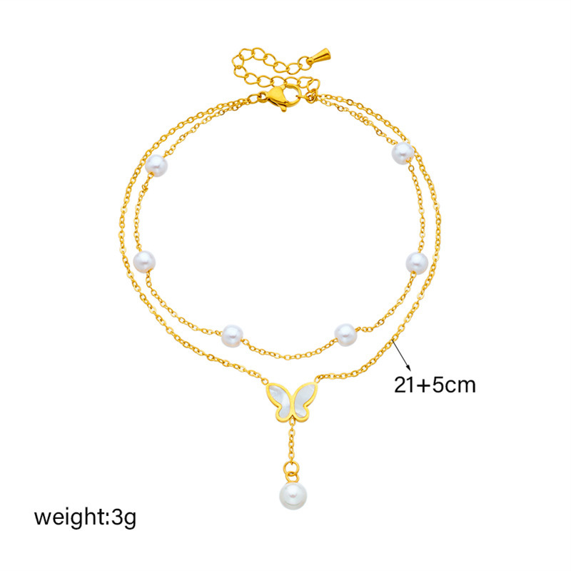 Korean style, fashionable, elegant, and luxurious multi-layered pearl butterfly tassel chain titanium steel versatile anklet