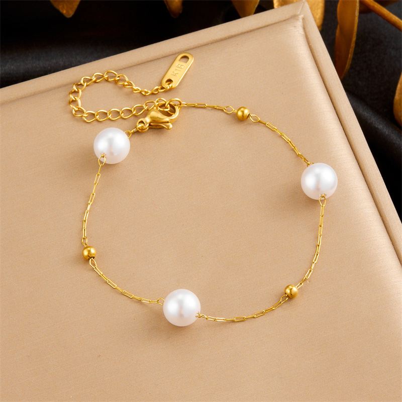 Cross-border fashion retro versatile geometric round pearl gold-plated chain accessories stainless steel bracelet and necklace set