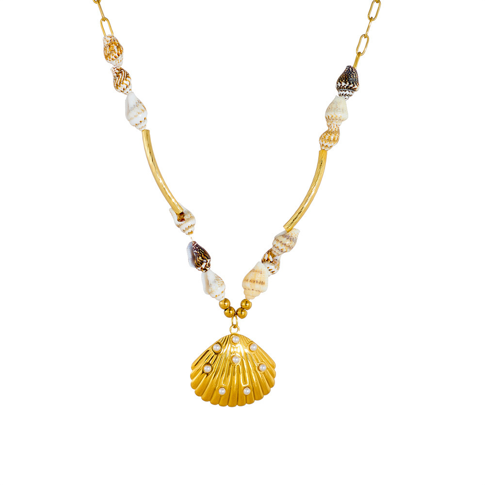 New cross-border tropical vacation style retro fashion stainless steel seashell pendant clavicle chain necklace for women