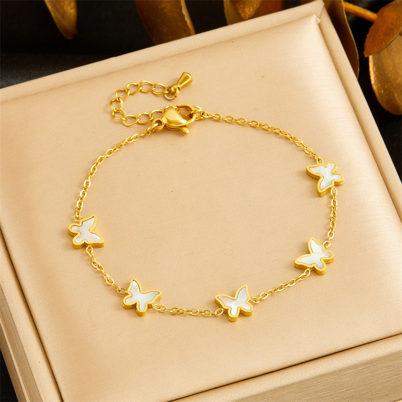 Korean style, fashionable, simple, elegant white shell butterfly accessory chain bracelet earring necklace stainless steel jewelry set
