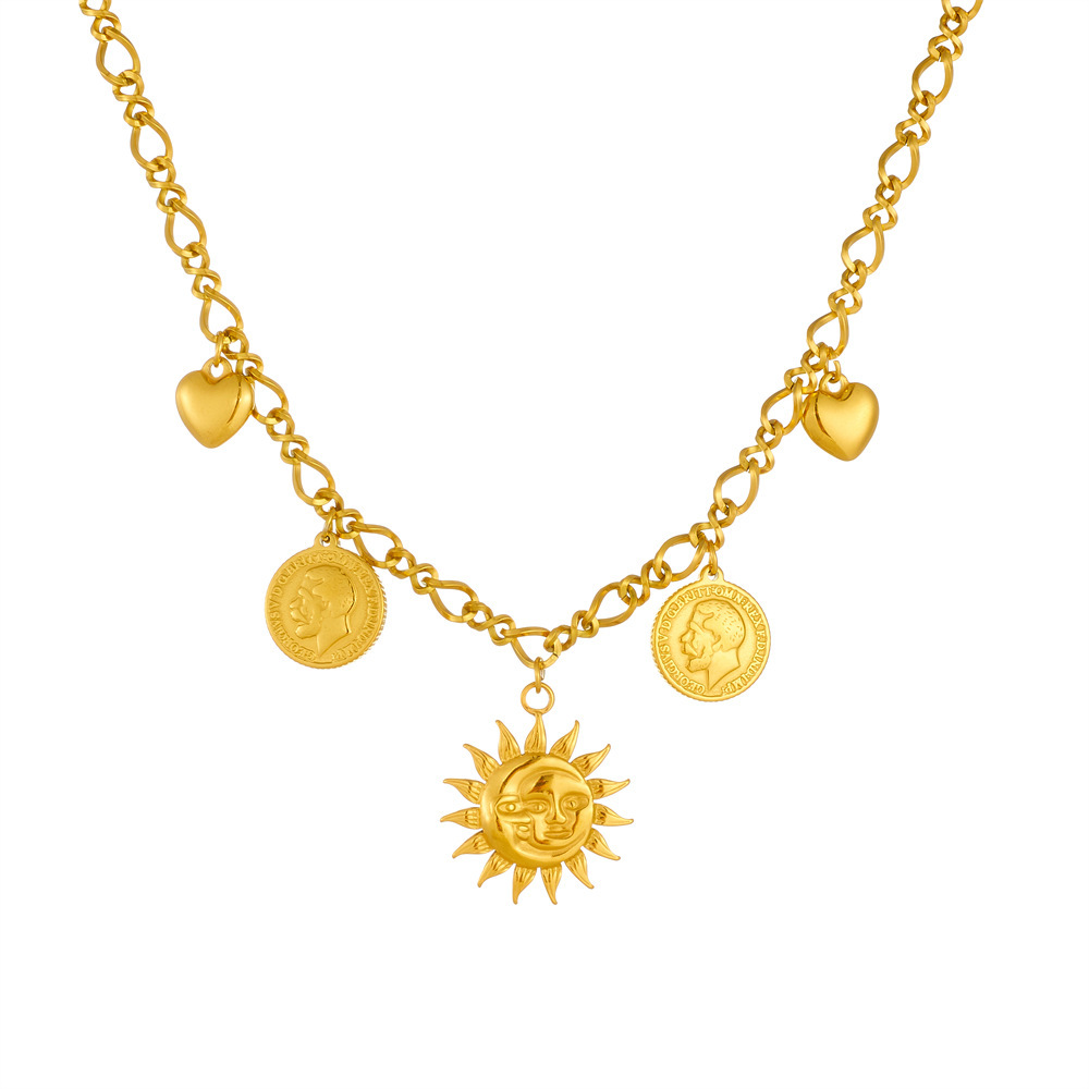 European and American cross-border personalized punk sun face round coin heart pendant chain stainless steel chunky necklace