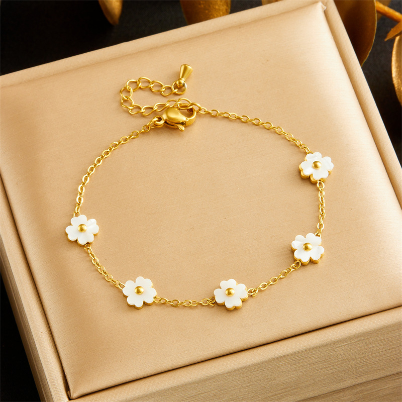 European and American style retro white shell flower accessories chain stainless steel bracelet earring necklace jewelry set