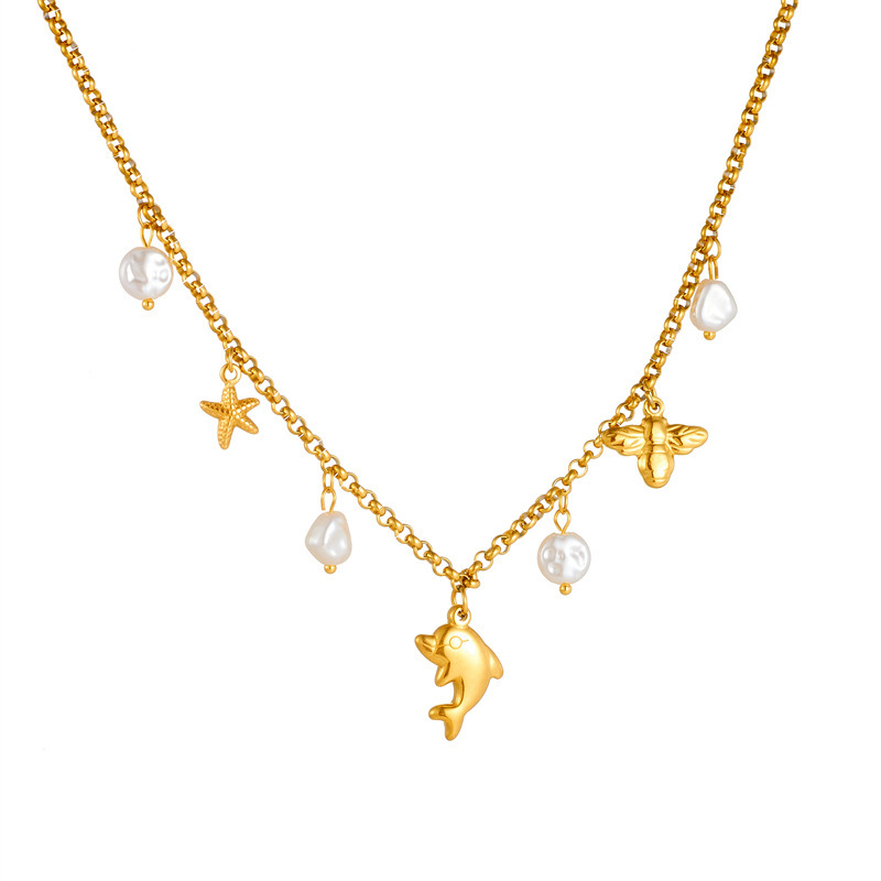 European and American cross-border niche ocean style pendant dolphin starfish pearl accessories chain stainless steel jewelry necklace
