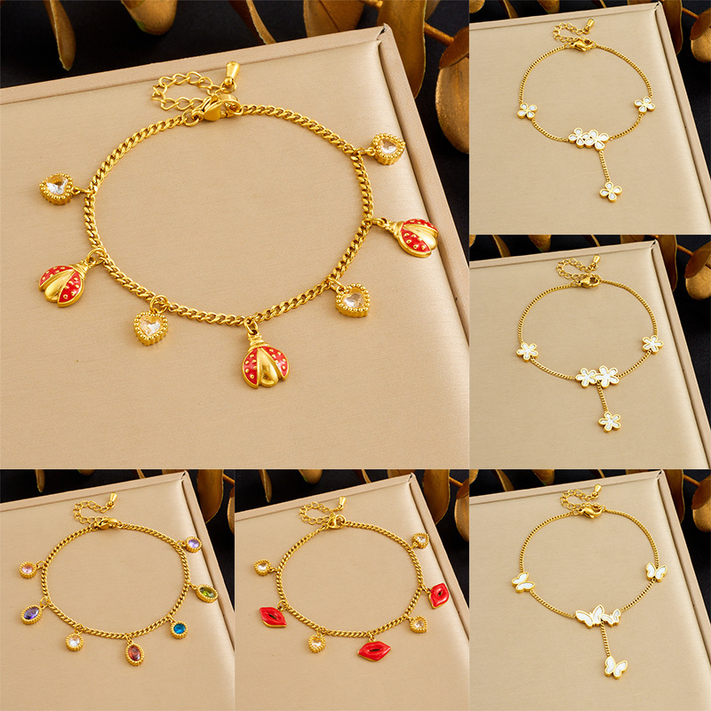 New cross-border minimalist and exquisite thin chain stainless steel bracelet with dripping lip geometric rhinestone butterfly accessory.