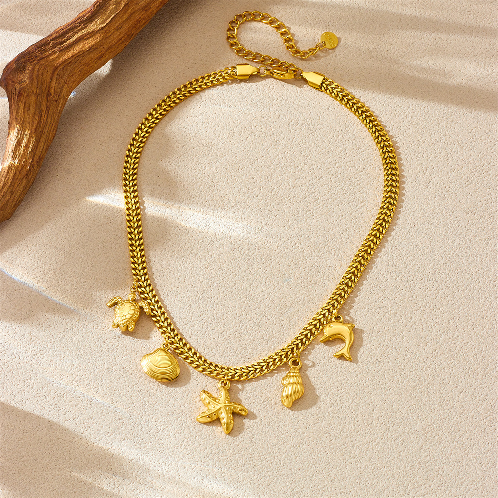 European and American cross-border personalized creative beach style ocean series pendant chain stainless steel gold-plated starfish and sea turtle necklace