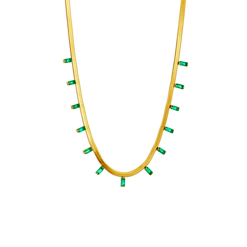 European and American cross-border fashion minimalist titanium steel flat snake chain square small green diamond niche retro jewelry necklace with diamond strip