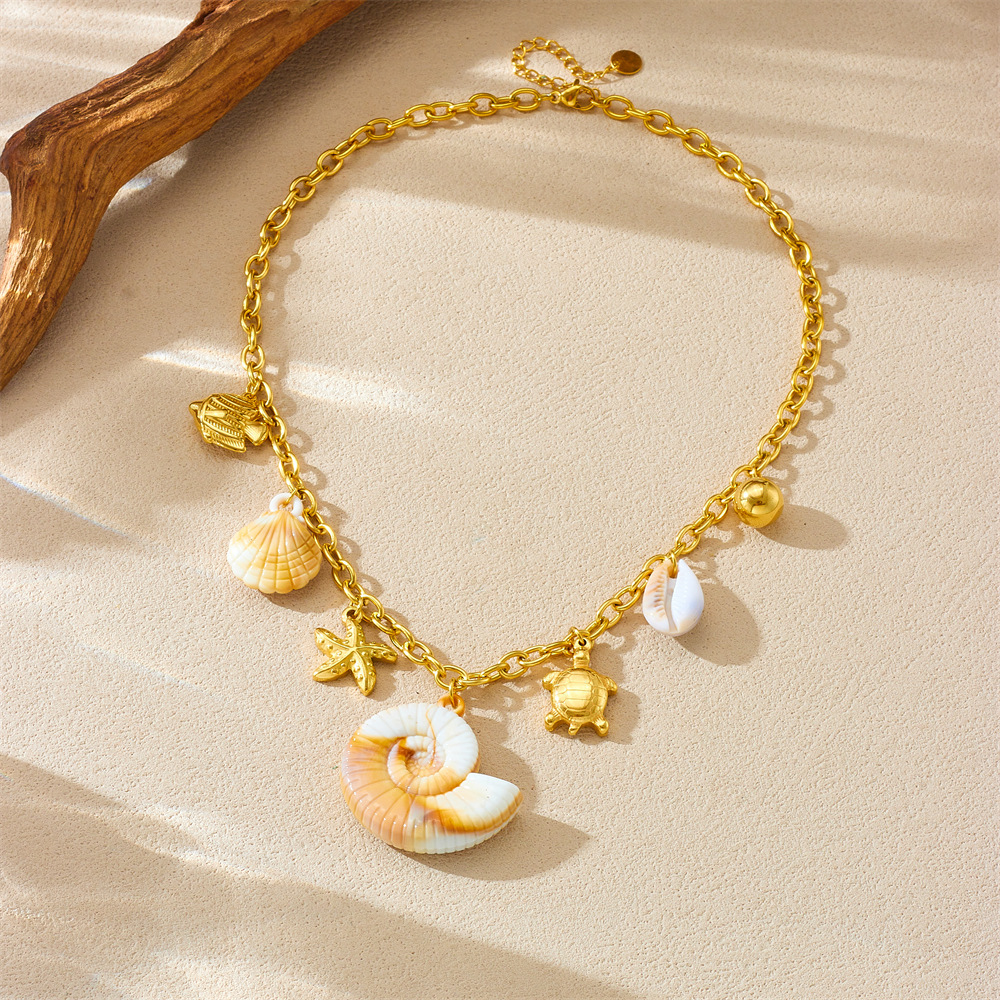 Cross-border exaggerated ocean style multi-element conch necklace, seashell, starfish, turtle stainless steel pendant, personalized jewelry for women