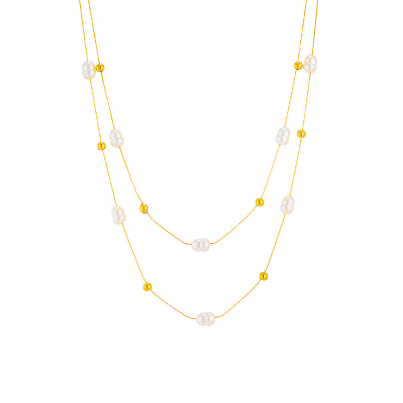 European and American minimalist, elegant, retro, versatile gold round pearl delicate chain double-layer titanium steel clavicle necklace