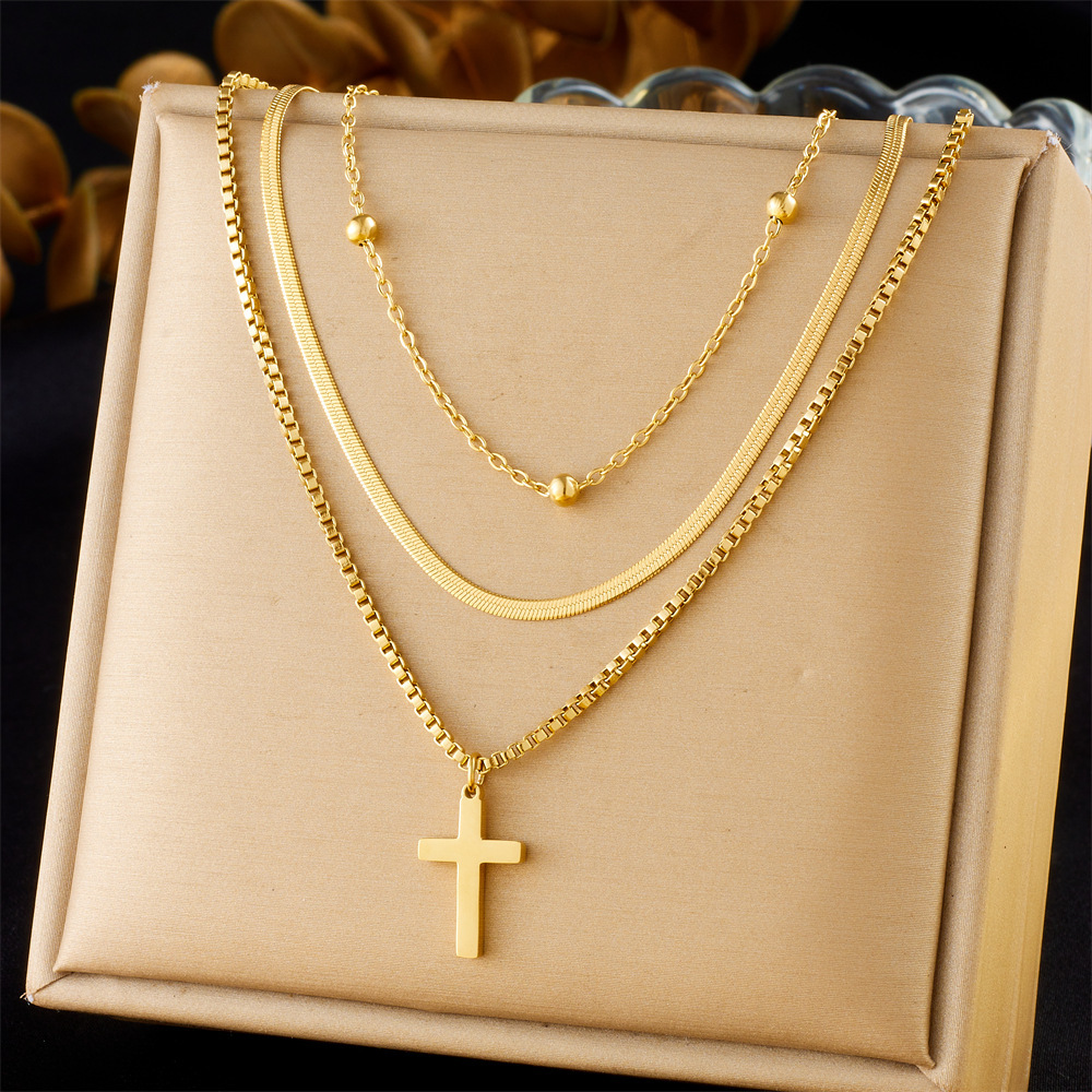 Cross-border fashion niche versatile gold-plated multi-layered clavicle chain cross stainless steel pendant unisex necklace