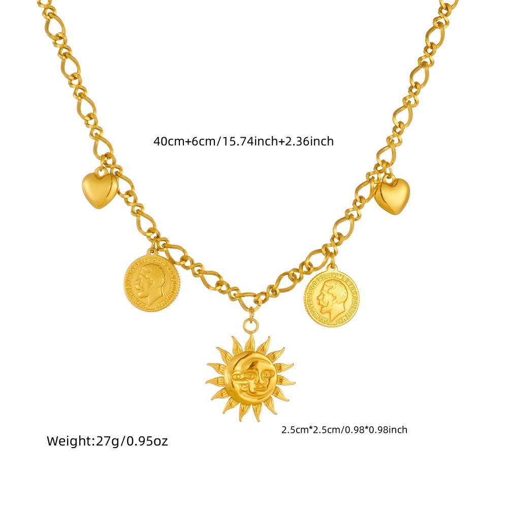 European and American cross-border personalized punk sun face round coin heart pendant chain stainless steel chunky necklace