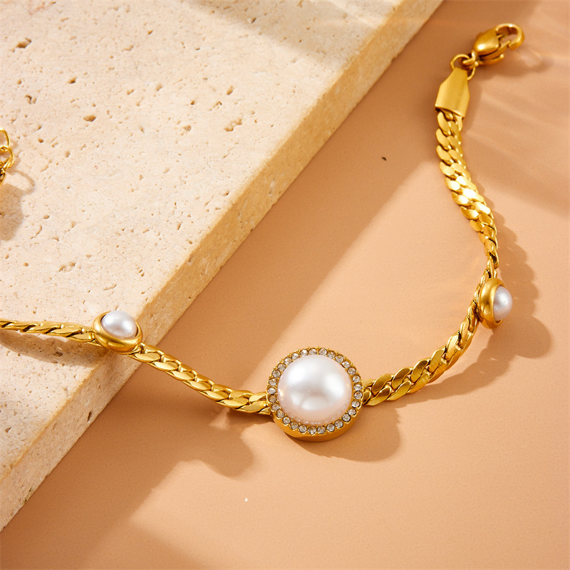 Fashionable and luxurious round pearl and diamond necklace, elegant choker, stainless steel bracelet, cross-border wholesale set