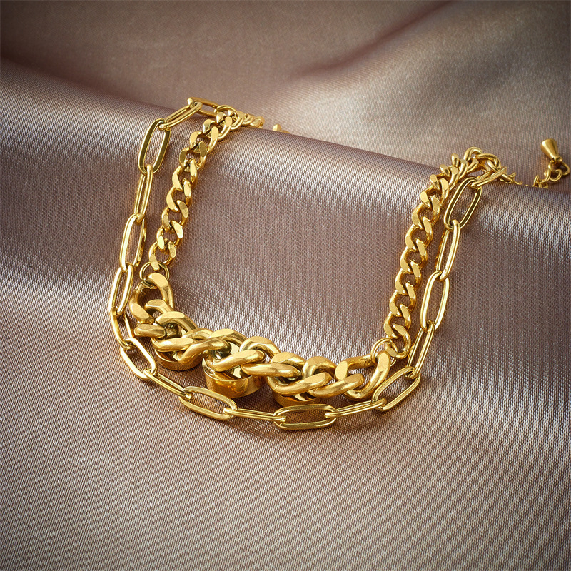 European and American cross-border thick chain double layer Roman round shell rhinestone titanium steel metal retro fashion versatile bracelet