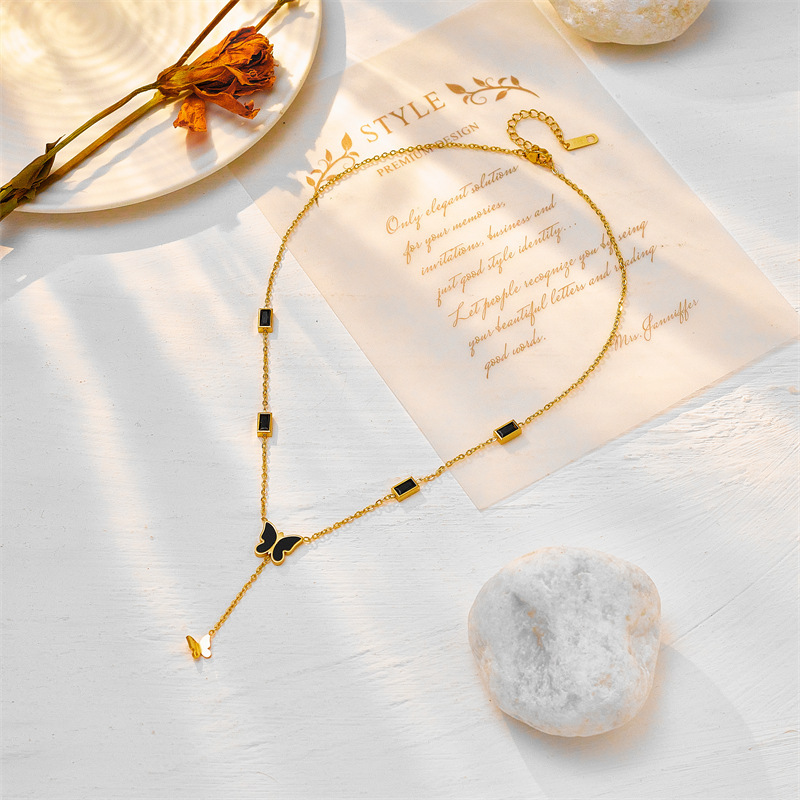 European and American style niche black glossy butterfly tassel pendant with black diamond square titanium steel elegant high-end jewelry necklace