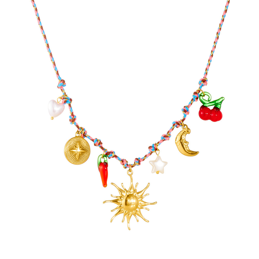 Cross-border fashion creative personalized multi-element gold-plated sun, moon, compass, star, chili pepper pendant woven necklace